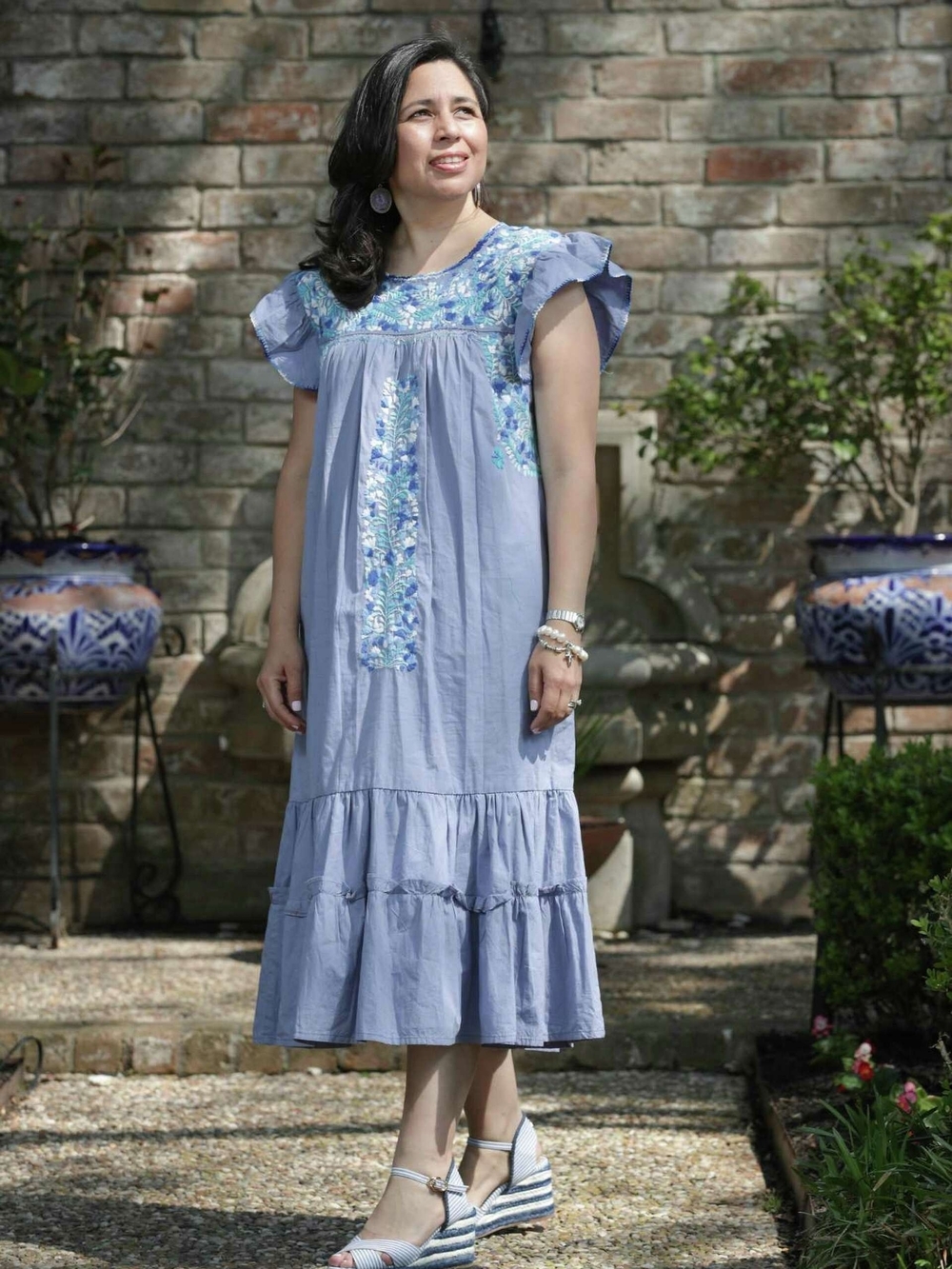 Embroidered Light Blue Midi Dress with Flutter Sleeves - Women
